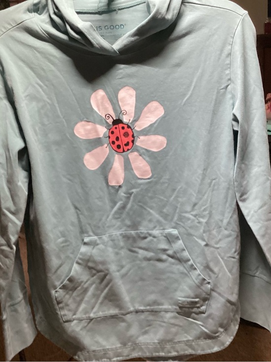 Life Is Good Tops - Life Is Good Light Blue Hoodie with Pink Daisy and Red Ladybug